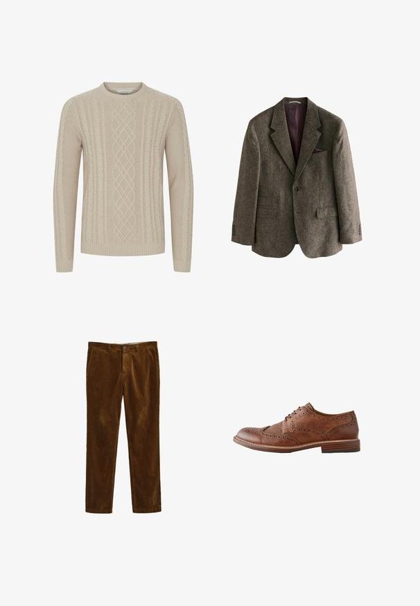 Brun tweed blazer med notch-krave, to frontlommer, en enkelt knaplukning og en bordeaux foring. Inkluderer en lommetørklæde.; Beige strikket sweater med et tekstureret kabelmønster og ribbede manchetter og kant. Klassisk rund halsudskæring med lange ærmer.; Brune corduroy bukser med et lige ben-design, der har en frontlukning med knap og to sidelommer. Tekstiler med ribbet mønster.; Brun læder herre wingtip oxford sko med brogue-detaljer og stablet træsål, vist i sideprofil på hvid baggrund.
