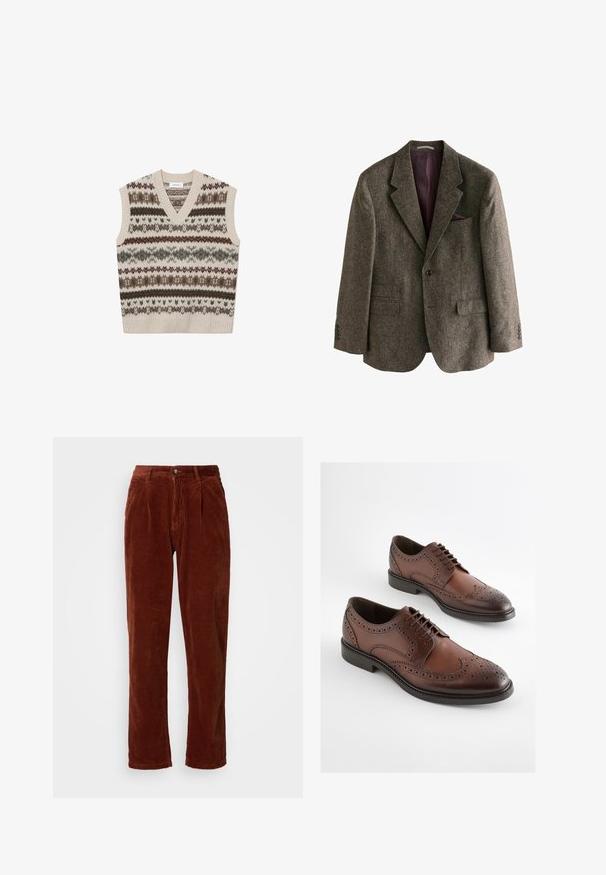 Brun tweed blazer med notch-krave, to frontlommer, en enkelt knaplukning og en bordeaux foring. Inkluderer en lommetørklæde.; Les Deux HORDUR FAIR ISLE - Striktrøje - sand; Corduroybukser i en rig brun farve; har en plisseret front, lige ben og en knaplukning ved taljen.; Brune læder brogue pent sko med perforerede detaljer og sorte såler, vist side om side på en hvid baggrund.
