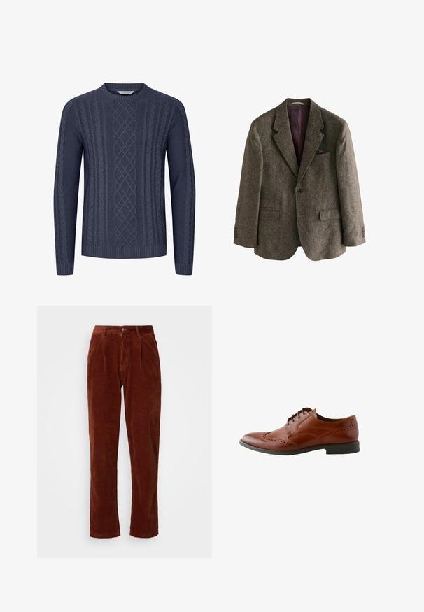 Blazer en tweed marron avec un col à cran, deux poches avant, une fermeture à bouton unique et une doublure bordeaux. Comprend un pochette.; Pull en maille bleu marine avec des motifs de torsade texturés, col rond et poignets et ourlet côtelés. Fabriqué en tissu doux et durable.; Pantalons en velours côtelé d'une riche couleur marron ; avec un devant plissé, des jambes droites et une fermeture à bouton à la taille.; Chaussure brogue pour homme en cuir marron avec détails wingtip et semelle noire, vue de profil sur fond blanc.