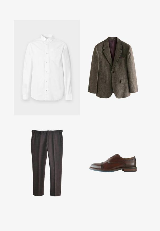 Brauner Tweed-Blazer mit Reverskragen, zwei Vorderaschen, einem Einzelknopfverschluss und burgunderfarbener Innenfutter. Inklusive eines Einstecktuchs.; Weißes Langarmhemd aus Baumwolle. Verfügt über einen Button-Down-Kragen, eine Brusttasche und eine dezente Textur. Gerade Saumlinie mit Knopfverschlüssen.; Dunkelgraue formelle Hose mit dezentem Fensterkaromuster, vorderer Knopfverschluss und Seitentaschen, flach auf weißem Hintergrund ausgelegt.; Brauner Herrenschuh aus Leder mit Schnürverschluss, Kappzehe und leichtem Absatz auf weißem Hintergrund.