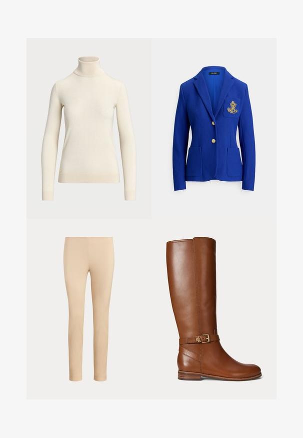 Blauer Blazer aus strukturiertem Stoff, mit einreihiger Knopfleiste, zwei Taschen vorne, goldenen Knöpfen und einem gestickten Logo auf der Brust.; Cremfarbener Rollkragenpullover aus weichem Stoff, mit langen Ärmeln und tailliertem Design. Mit kleinem goldenen Logo am Saum.; Beige, figurbetonte, knöchellange Hose mit glatter Oberfläche und ohne sichtbare Taschen oder Verzierungen auf einfarbigem Hintergrund.; Brauner kniehoher Lederstiefel mit einer kleinen goldenen Schnalle und "RL" Logo am Riemen nahe dem Knöchel, flachem Absatz und glatter Oberfläche.
