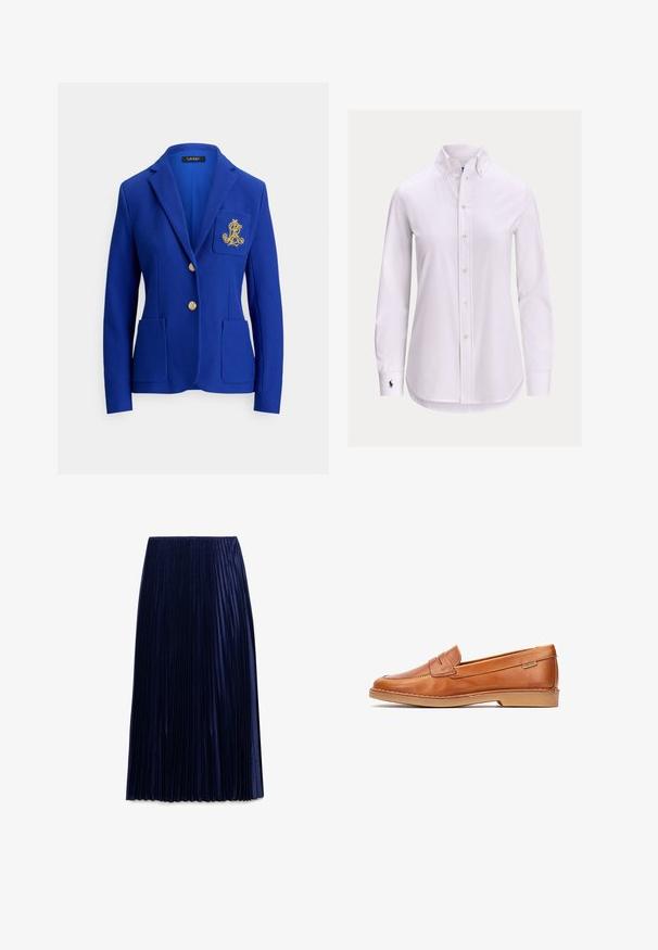 Blå blazer lavet af struktureret stof, med et enkeltspent design, to frontlommer, guldknapper og et broderet logo på brystet.; Hvid langærmet skjorte med knapper foran, knappet krave og lille broderet logo på venstre manchet.; Mørkeblå plisseret midi-nederdel lavet af letvægtsstof med en glat overflade, der har jævnt fordelt lodrette folder og en elastisk talje.; Herres tanfarvede lædersko med lav gummisål og dekorative syninger, sideskilt med teksten "Pikolinos".