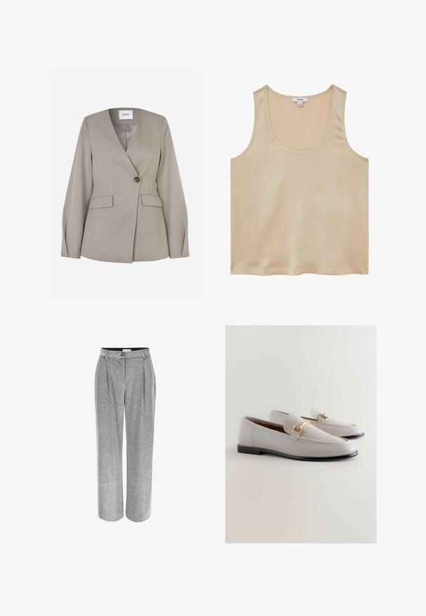 Vaaleanharmaa räätälöity bleiseri, jossa on lovikaulus, yksirivinen nappikiinnitys, kaksi etutaskua ja pitkät hihat. Sileä kangas ja muodollinen muotoilu.; Reiss REGULAR FIT - Pusero - neutral; Harmaat, leveät housut, joissa on pintakuvio, etupleiteillä ja vyötäröllä yksittäinen nappisulku.; Vaaleanharmaat nahkaloafersit, joissa on kärjellinen muoto, kultasävyinen metallikoriste ja matala musta kanta. Suuri pinta ja minimalistinen muotoilu.