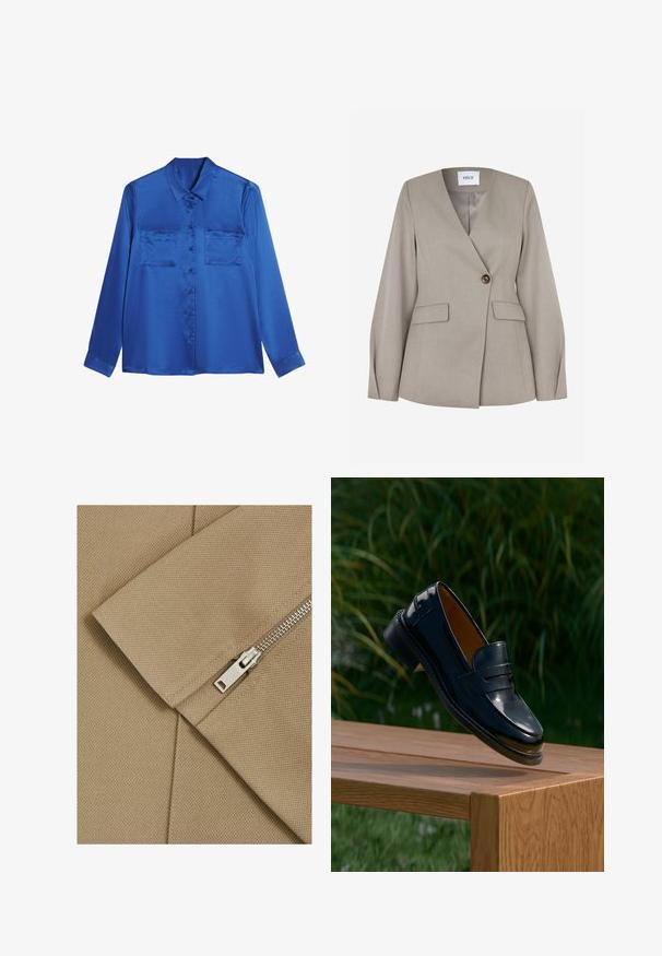 Lichtgrijs getailleerd blazer met een notched reverskraag, enkele knoopsluiting, twee voorzakken en lange mouwen. Soepele stof met een formeel ontwerp.; Satijnen blauwe blouse met een kraaglijn, lange mouwen, twee borstzakken en knoopsluiting aan de voorkant. Soepele, glanzende textuur.; Beige stof met een textuur oppervlak en diagonale naad, met een zilveren rits met een rechthoekige trekker.; Zwarte leren loafer die boven een houten tafel hangt, met groene planten op de onscherpe achtergrond.