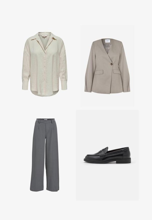 Hellgrauer, maßgeschneiderter Blazer mit Notch-Revers, Ein-Knopf-Verschluss, zwei Fronttaschen und langen Ärmeln. Glatter Stoff mit formellem Design.; Helles beiges Hemd mit Knöpfen, Kragen, langen Ärmeln und einem leicht strukturierten Stoff. Verfügt über einen abgerundeten Saum und Vorderknöpfe.; Helle graue weit geschnittene Hose aus einem weichen Stoff, mit einem smockierten Taillenbund, vorderen Falten und einer glatten, angenehmen Textur.; Schwarze Lederloafers mit glatter Textur, abgerundeter Zehenpartie, gestickten Details auf dem Obermaterial und einer niedrigen, flachen Gummisohle.