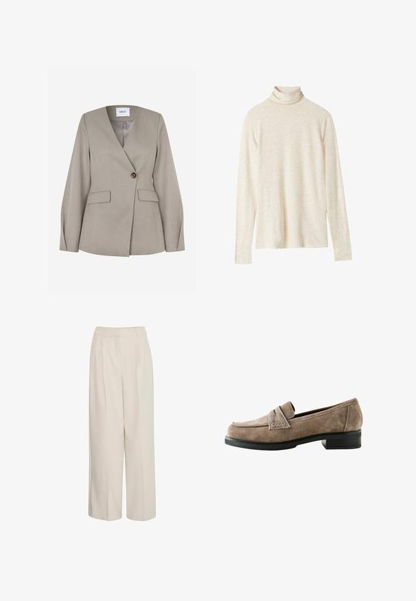 Lichtgrijs getailleerd blazer met een notched reverskraag, enkele knoopsluiting, twee voorzakken en lange mouwen. Soepele stof met een formeel ontwerp.; Beige coltrui met lange mouwen, gemaakt van zachte stof, heeft een relaxte pasvorm, subtiele textuur en geen zichtbare patronen of accenten.; Hoge taille romige wijde broek met plooien, gemaakt van soepele stof, met een strak design en op maat gemaakte pasvorm.; Bruine suède loafers met een lage, zwarte gestapelde hak. Heeft een gestikt voorpand en een zachte binnenvoering. Rond ontwerp van de neus.