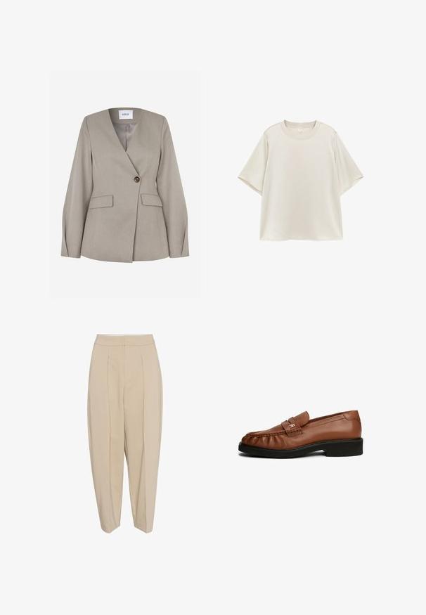 Lichtgrijs getailleerd blazer met een notched reverskraag, enkele knoopsluiting, twee voorzakken en lange mouwen. Soepele stof met een formeel ontwerp.; Effen lichtbeige T-shirt met korte mouwen en een ronde hals, met een losse pasvorm, plat uitgestald op een witte achtergrond.; Beige op maat gemaakte broeken met een hoge taille, geplooide voorkant en taps toelopende pijpen. De stof lijkt glad met een subtiele glans. Geen zichtbare zakken.; Bruine leren loafers met een gladde textuur, ronde neus, voorzijde met banddetail en lage zwarte rubberen hak.