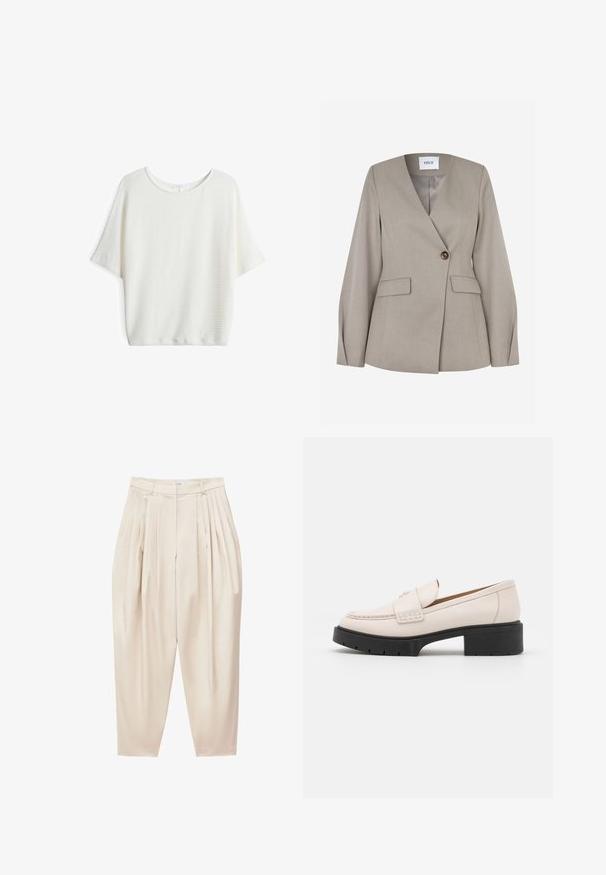 Lichtgrijs getailleerd blazer met een notched reverskraag, enkele knoopsluiting, twee voorzakken en lange mouwen. Soepele stof met een formeel ontwerp.; Witte top met korte mouwen en een ronde hals, gemaakt van een gestructureerde, geweven stof en met een losse pasvorm, geschikt voor casual kleding.; Beige plissébroek met hoge taille, taps toelopende pijpen en ritssluiting aan de voorkant.; Lichtbeige leren loafers met een gestikte voorkant en een textuur met een zwarte plateauhak. Beschikt over een gebogen ontwerp en een lichte verhoging.