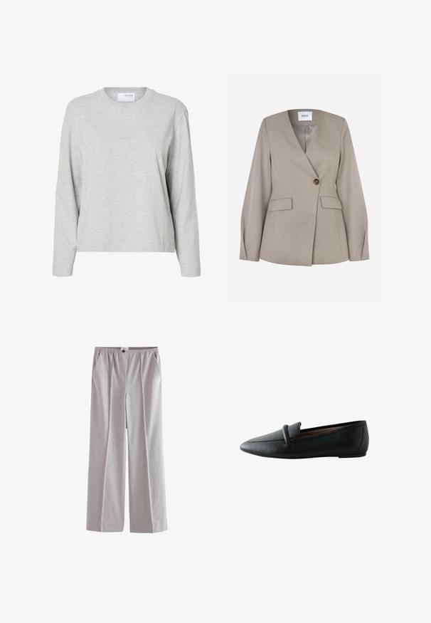 Blazer a medida de color gris claro con solapa con muesca, cierre de un solo botón, dos bolsillos frontales y mangas largas. Tejido liso con diseño formal.; Sudadera gris claro de manga larga y cuello redondo con un corte holgado y sin patrones o logotipos visibles.; Pantalones de pierna ancha en gris claro con una cintura elástica, bolsillos laterales, una textura suave y detalles de costura mínimos.; Mocasín plano de cuero negro con puntera redondeada y detalle de tira en la parte superior, visto de lado.