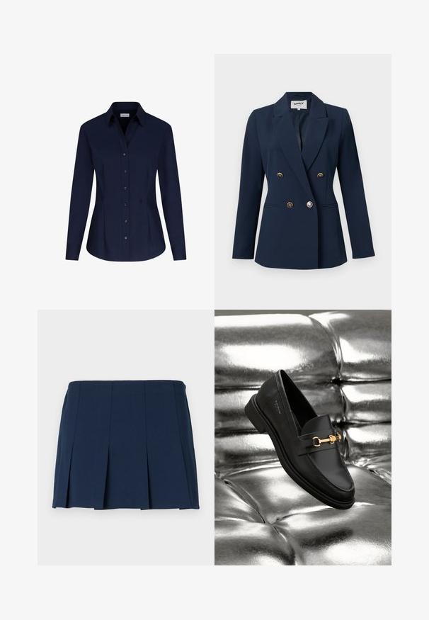 Marineblå dobbeltradet blazer med guldknapper, hakrevers, lange ærmer og to forlommer med slidser.; Seidensticker BUSINESS SLIM FIT - Skjortebluser - dunkelblau; Mørkeblå, plisseret mini nederdel med en lige talje, lavet af et glat stof. Har lodrette syninger langs plisseringerne.; Sorte læder loafers med en guldfarvet hardware detalje. Skoen har et elegant design og en glat, skinnende overflade.
