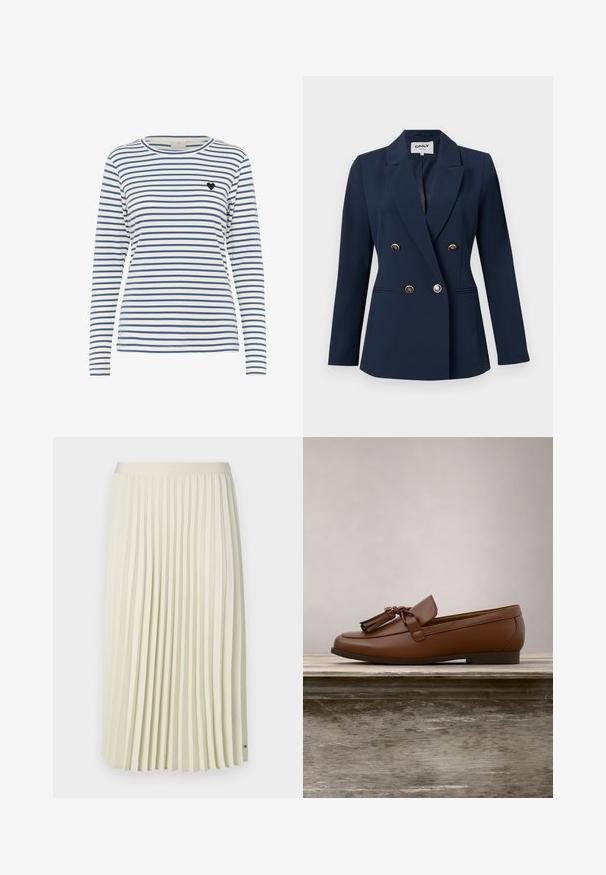 Blazer cruzado azul marino con botones dorados, solapas con muesca, mangas largas y dos bolsillos delanteros con abertura.; Camisa de manga larga a rayas en blanco y azul marino, con un cuello redondo y un pequeño acento de corazón negro en el lado izquierdo del pecho. Textura de tejido suave.; Falda midi plisada en tela crema claro con una cinturilla lisa y pliegues verticales uniformes. Presenta un pequeño acento de marca cerca del dobladillo.; Mocasín de cuero marrón con borlas equilibrado en el borde de una mesa de madera, con follaje verde desenfocado al fondo.