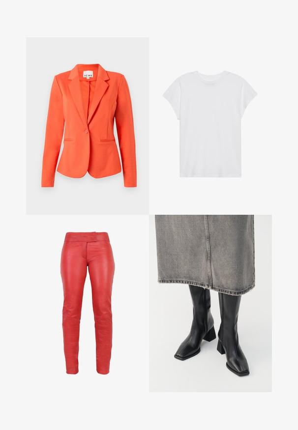 Enkeltknappet tætsiddende lyse orange blazer med reverskrave og to forlommer på ensfarvet baggrund.; Hvid kortærmet t-shirt med rund hals, afslappet pasform, lavet af blødt bomuldsstof. Glat tekstur, ingen mønstre eller logoer.; Røde læderbukser med en glat tekstur, slim fit og en let cropped længde. Har en bred talje og en frontlomme.; Sorte knæhøje støvler i glat læder med firkantet tå og blokeret hæl. Båret med en grå denimnederdel med flosset kant.