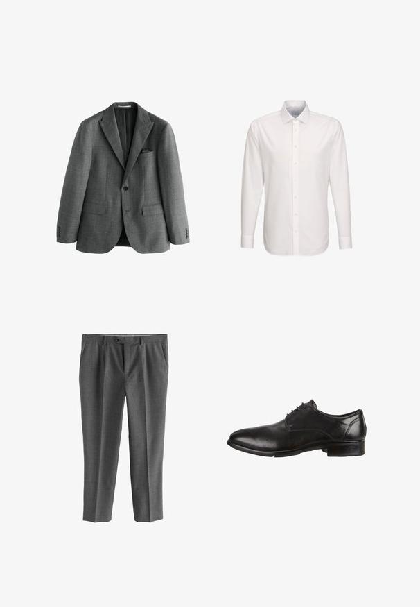 Grijze herenblazer met enkele knoopsluiting, notch-revers, klepzakken en een borstzak met een gevouwen pochet.; Wit herenoverhemd met lange mouwen, puntkraag, knoopsluiting aan de voorkant en knoopmanchetten, afgebeeld op een effen witte achtergrond.; Grijze broek van gestructureerde stof, met een rechte pijp, voorzakken en een knoopsluiting.; Zwarte leren dresschoenen met een gladde afwerking, ronde neus, vetersluiting en een lage gestapelde hak. Subtiele stikselaccenten zichtbaar.