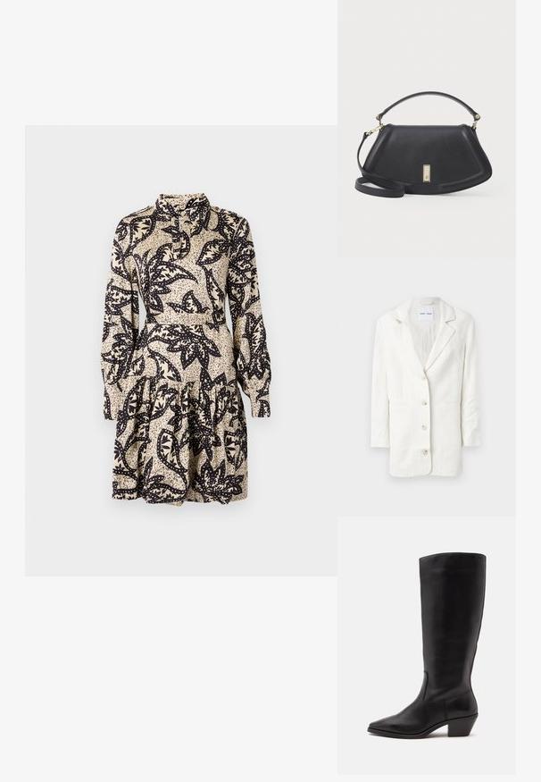 Hvid blazer lavet af et letvægtsstof, med et enkeltstående design, udskårne revers og tre frontknapper med matchende knaphuller.; Sukker med blomsterprint i creme og sort, med krave, lange ærmer og et lagdelt, flæset kant. Lavet af glat stof.; Sort læderstøvle til midtkalv med spids tå og lavt skråt hæl på en enkel lys baggrund.; Sort læderhåndtaske med en struktureret form, udstyret med et kort håndtag og en aftagelig rem, fremhævet af en lukkedetalje i guldtoner.