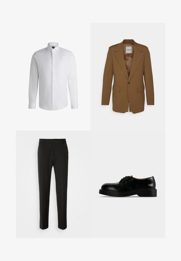 sandro H23MODE CAMEL - Jakkesæt blazere - camel; Hvid langærmet skjorte lavet af glat bomuld, med klassisk krave, fuld knaplukning og knapmanchetter. Minimalistisk design.; Sorte bukser lavet af glat stof, med lige ben, en knaplukning og et klassisk design, der er velegnet til både formelt og uformelt brug.; Sort poleret læder snørestøvle med tyk sål, rundet tå og lav hæl, vist fra siden på en ensfarvet baggrund.