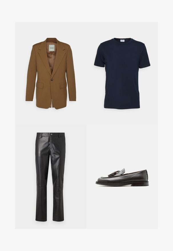sandro H23MODE CAMEL - Jakkesæt blazere - camel; Marineblå crew-neck t-shirt lavet af blødt stof. Korte ærmer med en klassisk pasform, der har et mærke ved halsen. Glat tekstur, minimalistisk design.; Sorte læderbukser med en glat overflade, lige ben-design og diskrete stikninger langs sømmene. Har en knaplukning i taljen.; Sort læderloafer med duske, flad sål og rund snude, vist fra siden på hvid baggrund.