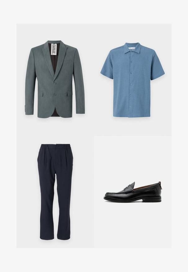 Blazer gris texturizado con solapa muesca, cierre de dos botones y bolsillos frontales. El interior es de color marrón oscuro con una etiqueta de cuidado visible.; Camisa de botones de manga corta en azul claro, de tejido texturizado, con un patrón de cuadrícula y un cuello clásico. Seis cierres de botones en la parte delantera.; Pantalones azul marino hechos de una tela suave con una cinturilla elástica, que cuentan con pliegues frontales y un diseño de pierna recta.; Mocasín de hombre de piel negra con costura moc toe, tira penny, cuello texturizado y tacón bajo apilado sobre fondo blanco.