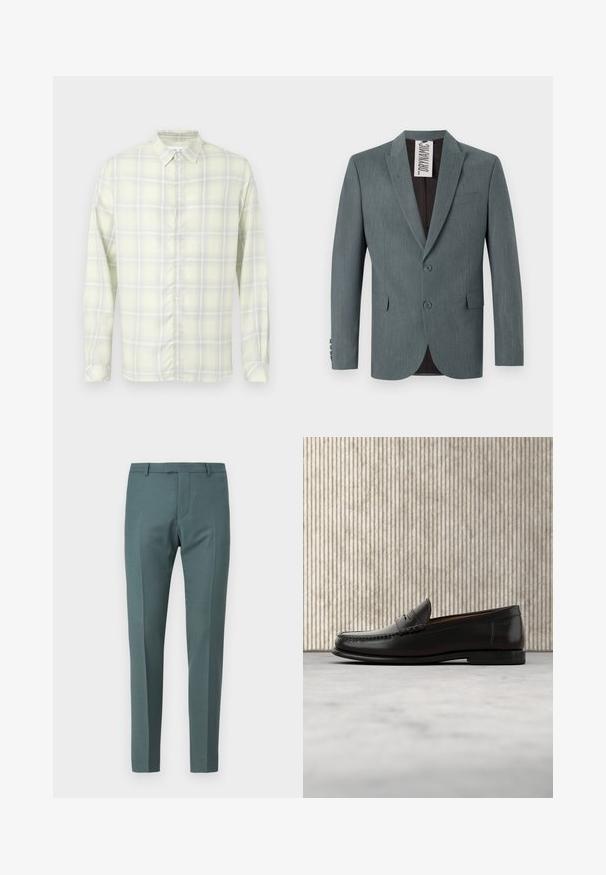 Grå, tekstureret blazer med klapkrave, to-knap lukning og forlommer. Indvendigt er den mørkebrun med et synligt plejelabel.; Lysegul ternet langærmet skjorte med knapper og krave, vist fladt mod en hvid baggrund.; Skræddersyede bukser i en mørk teal farve, med en glat tekstur, lige snit, flad front og sidelommer.; Sort læder penny loafer med lav hæl, rundet tå og syningsdetaljer langs fronten og siderne, vist på neutral baggrund.