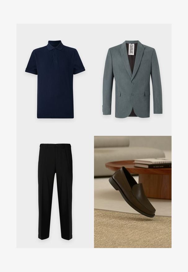 Grijze, gestructureerde blazer met een notch-revers, een twee-knopen voorkant en voorzakken. De binnenkant is donkerbruin met een zichtbare verzorgingslabel.; Marineblauwe polo met korte mouwen, ribbelstructuur, drievoudige knoopsluiting en een klassieke kraag.; Zwarte broek van gladde stof, met een rechte snit, twee voorzakken en een ritssluiting met knoopsluiting.; Donkerbruine leren loafer zwevend boven een beige geweven vloerkleed met een ronde houten salontafel en boeken op de achtergrond.