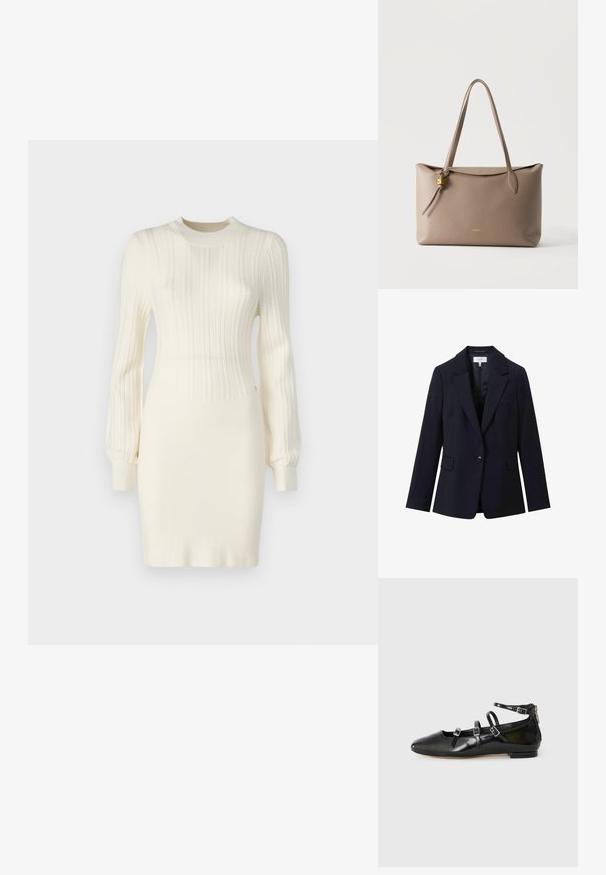 Reiss REGULAR FIT - HAISLEY SINGLE BREASTED - Bleiser - navy; Kreemivärvi kudumkleit ribatud tekstuuriga, pika varruka, vormitud silueti ja ümmarguse kaelusega. Kaunistatud peente detailidega.; ALDO NELTA - Baleriinad - black; Taupe värvi nahast käekott pikkade sangadega ja väikese kuldse luku detailiga küljel, lihtsa valge tausta ees.