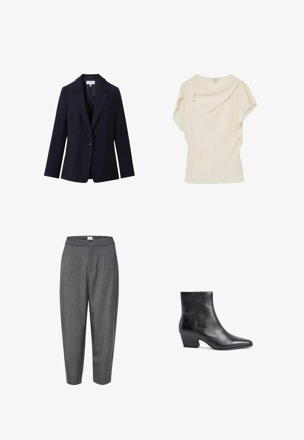 Reiss REGULAR FIT - HAISLEY SINGLE BREASTED - Blazer - navy; Kremfarvet kortærmet bluse med draperet halsudskæring og asymmetrisk lagdelt stofdetalje på skuldrene.; Grå, tapered bukser lavet af struktureret stof; har folder og en glat talje med en skjult lukning.; Sorte læder ankelstøvler med spids tå, mellemhøj blokhæl og glat tekstur. Har et minimalistisk design uden synligt hardware.