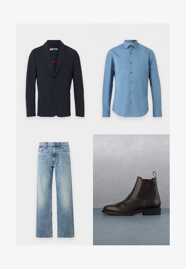 Donkerblauwe herenblazer met inkeping revers, twee knopen aan de voorkant, twee opgestikte zakken en een borstzak met bies, met het label Just Cavalli aan de binnenkant van de kraag.; Heren overhemd met lange mouwen in effen lichtblauw met knopen aan de voorkant en een puntige kraag, getoond op een effen achtergrond.; Lichtblauwe denim jeans met rechte pijpen, een hoge taille, vijf zakken, knoopsluiting en subtiele vervaging op de dijen en knieën.; Bruine leren Chelsea-boot met elastische zijpanelen, een trekhaak en een gladde afwerking, geplaatst tegen een gestructureerd oppervlak van baksteen en grind.