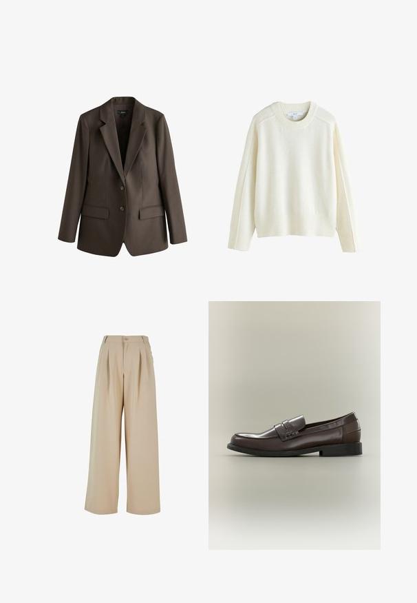 Blazer marrón oscuro a medida con solapas de muesca, cierre de dos botones, mangas largas y bolsillos con solapa a ambos lados.; Next CREW NECK - Jersey de punto - ecru; Pantalones de pierna ancha beige con pliegues en la parte delantera, cierre de botón y una textura suave. Presenta una cinturilla entallada y bolsillos laterales.; Mocasín de cuero marrón con acabado liso, con una tira decorativa y detalle tejido. El zapato tiene un tacón bajo de goma negra.