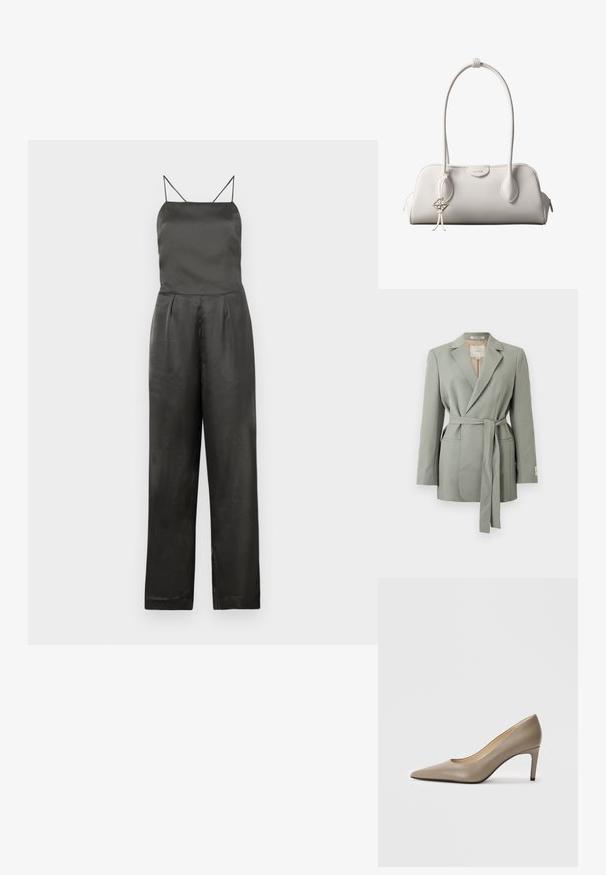 Blazer gris clair ceinturé avec col à revers, manches longues et poches avant, présenté sur un fond blanc uni.; Bodysuit en satin noir avec de fines bretelles spaghetti, un corsage ajusté, une taille plissée et un pantalon à jambes larges. Texture lisse et design minimaliste.; Chaussure à talon haut en cuir beige avec un bout pointu et un talon slim de 7 cm. Surface lisse et design minimaliste sans embellissements visibles.; Sac à bandoulière blanc Calvin Klein avec longues poignées, forme rectangulaire, fermeture éclair et charm logo décoratif suspendu près de la poignée.