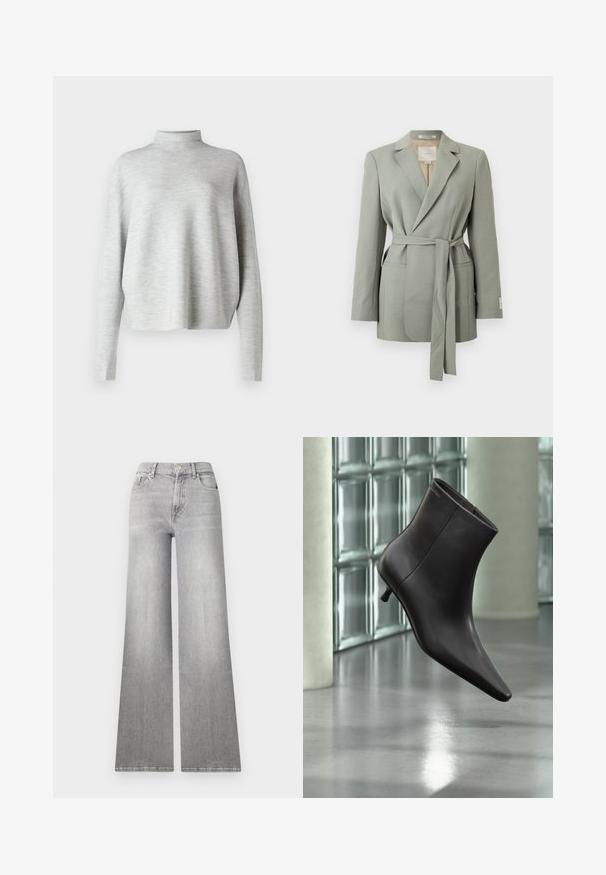 Lysegrå blazer med bælte, reverskrave, lange ærmer og forlommer, vist på en ensfarvet hvid baggrund.; Lys grå turtleneck sweater, lavet af blødt stof, med lange ærmer og en afslappet pasform, med en glat, fin struktur.; Bredde ben grå denim jeans med en falmet finish, frontlomme og knaplukning. Har lige ben og klassisk kant.; Sort læderankelstøvle med spids tå og lille hæl vist mod en væg af glasblokke og poleret gulv baggrund.