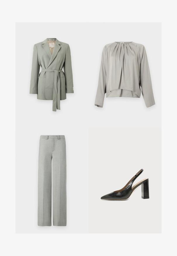 Blazer gris claro con cinturón, cuello con solapa, mangas largas y bolsillos delanteros, exhibido sobre un fondo blanco liso.; Blusa de manga larga color gris claro con escote redondo, pliegues delanteros y un dobladillo ligeramente asimétrico.; Pantalones gris de pierna ancha en una tela ligera, con un frente plano, presillas para cinturón y líneas limpias y ajustadas sin patrones visibles.; Zapato slingback de piel negra con puntera puntiaguda, tacón alto y ancho, y forro interior beige sobre un fondo claro y liso.