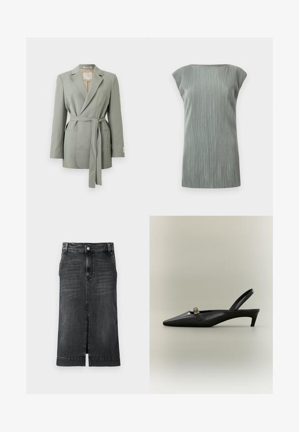 Lichtgrijze blazer met ceintuur, reverskraag, lange mouwen en voorzakken, getoond op een effen witte achtergrond.; Mouwloos lichtgrijs geribd gebreid topje met een boothals en een rechte zoom.; Donkerdenim rok met een rechte snit, knielang, met een split aan de voorkant en een klassiek vijf-pocket ontwerp. Heeft een knoopsluiting en riemlussen.; Zwarte lederen slingback kitten heel met puntige neus en klein gouden gespsluiting op een effen achtergrond.