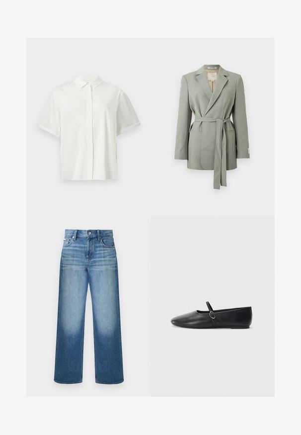 Blazer gris clair ceinturé avec col à revers, manches longues et poches avant, présenté sur un fond blanc uni.; Chemise blanche à manches courtes avec boutons et col, présentée à plat sur un fond blanc uni.; Jean denim bleu à jambes droites avec fermeture à boutons et glissière, design à cinq poches et délavage sur les cuisses et les genoux.; Ballerines noires en cuir avec un bout pointu, une semelle plate et une petite sangle avec un détail de boucle en argent.