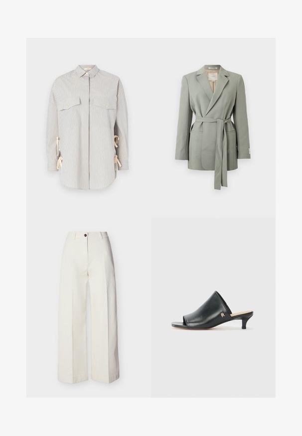 Blazer gris clair ceinturé avec col à revers, manches longues et poches avant, présenté sur un fond blanc uni.; Chemise rayée dans des tons bleu clair et crème, dotée d'un col évasé, de deux poches poitrine avec des boutons dorés, et de liens réglables sur les côtés.; Pantalon crème taille haute à jambes larges, avec passants de ceinture, fermeture à bouton unique et zip, présenté à plat sur un fond uni.; Mules ouverts en cuir noir avec un talon bas. Présentent une surface lisse et un accent logo doré sur le côté.