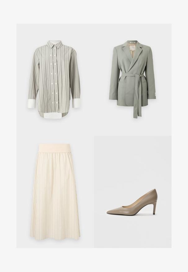 Lysegrå blazer med bælte, reverskrave, lange ærmer og forlommer, vist på en ensfarvet hvid baggrund.; Stribet skjorte i grå og hvid, med klassisk krave, knaplukning med hvide knapper og kontrasterende hvide manchetter. Lange ærmer.; Kremfarvet plisseret nederdel med tynde lodrette striber, med en blød, elastisk taljebånd. Fremstillet i letvægtsstof for komfort.; Beige læder højhælede sko med spids tå og en slank 7 cm hæl. Glat overflade og minimalisk design uden synlige udsmykninger.