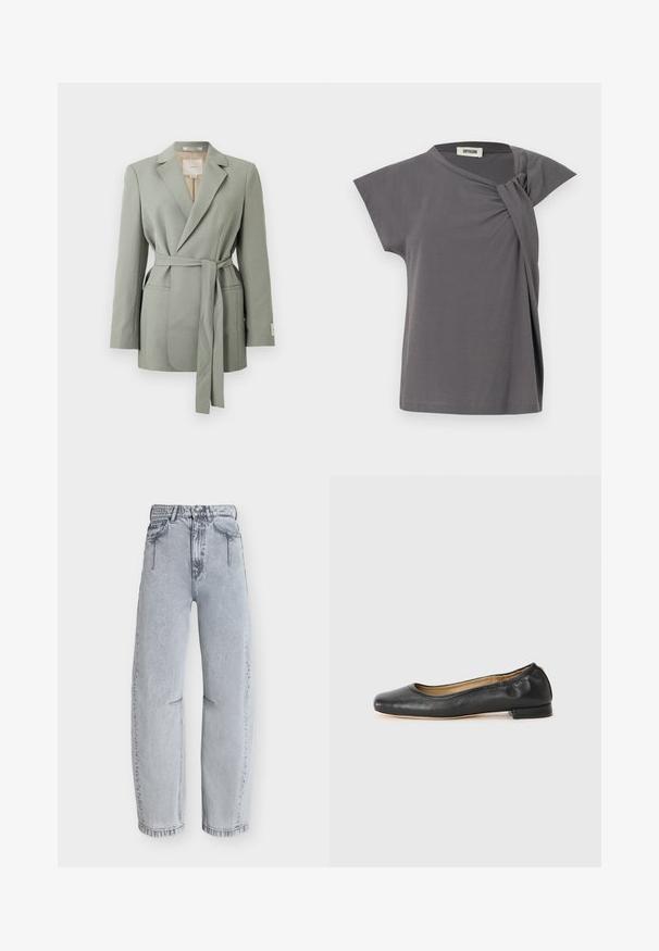 Blazer gris clair ceinturé avec col à revers, manches longues et poches avant, présenté sur un fond blanc uni.; Haut gris à manches courtes avec un détail de nœud torsadé sur l'épaule. Confectionné dans un matériau doux avec une coupe décontractée et un col rond.; Jean bleu clair taille haute à jambes droites, avec poches avant, passants de ceinture et fermeture bouton-zipper sur fond uni.; Ballerines en cuir noir avec un bout arrondi et des coutures minimales. Talon bas et rectangulaire avec une texture lisse. Détails subtils de doublure intérieure.