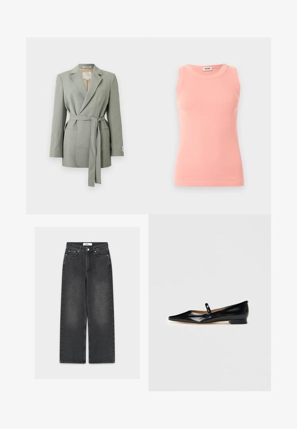 Lysegrå blazer med bælte, reverskrave, lange ærmer og forlommer, vist på en ensfarvet hvid baggrund.; Ærmeløs, ribstrikket lyserød tanktop med rund hals og Drykorn-mærke på bagsiden af kraven, vist på en ensartet lys baggrund.; Sorte jeans med vide ben i denim med en falmet finish, der har lukning med knap og lynlås, fem-lomme-design og kontrasterende syninger.; Sorte patenterede læder Mary Jane flade sko med spids tå, én rem og lav hæl på ensfarvet baggrund.