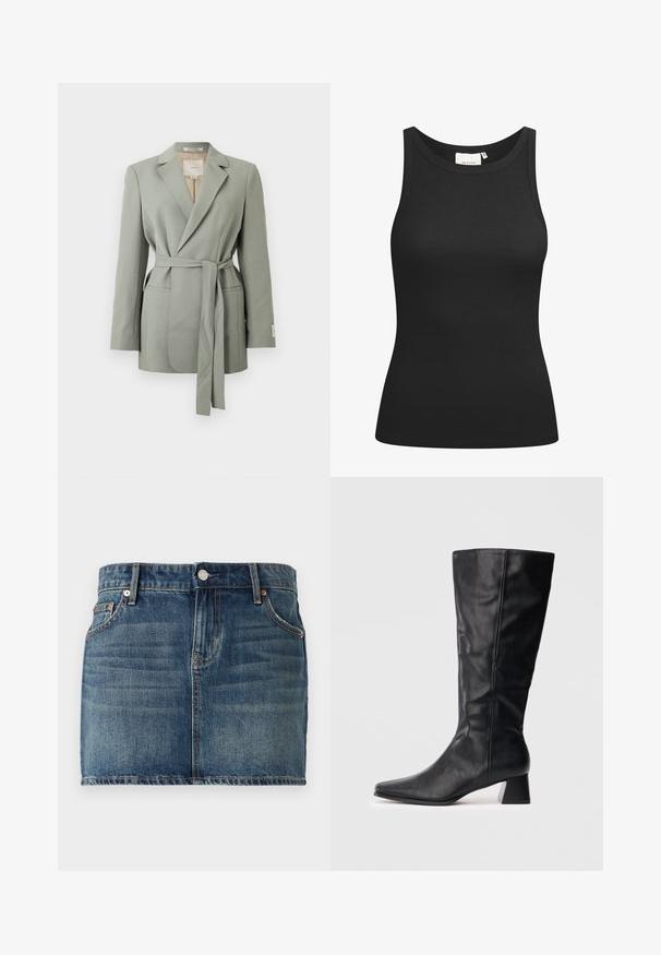 Blazer gris clair ceinturé avec col à revers, manches longues et poches avant, présenté sur un fond blanc uni.; Débardeur noir en tissu côtelé, avec un décolleté en forme de rond et une coupe ajustée. Coutures plates et sans ornements. Design simple et épuré.; Jupe en denim mini en bleu foncé avec un design à cinq poches, une fermeture à bouton et des accents de couture visibles. Texture lisse avec un léger délavage.; Botte en cuir noire mi-mollet avec un bout pointu et un talon bloc sur fond clair.