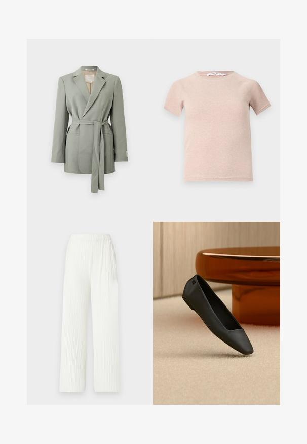 Blazer gris clair ceinturé avec col à revers, manches longues et poches avant, présenté sur un fond blanc uni.; T-shirt à manches courtes rose clair en tissu côtelé, avec un col rond et une coupe décontractée. Design simple et sans couture.; Pantalons larges plissés blancs avec une taille élastique. Fabriqués en tissu léger, dotés de rayures verticales et d'une coupe fluide.; Chaussure plate noire à bout pointu reposant sur un tapis beige près d'une table ronde de couleur ambre dans un décor minimaliste.