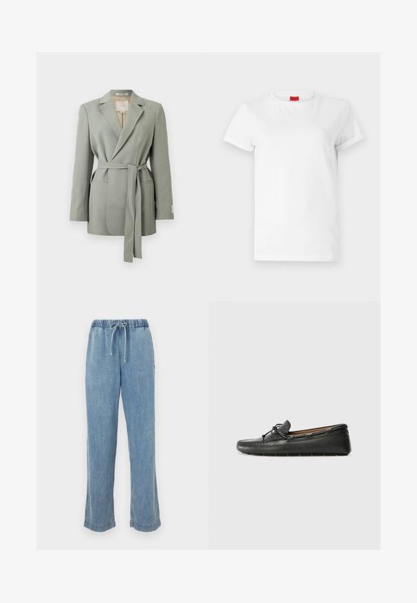 Lichtgrijze blazer met ceintuur, reverskraag, lange mouwen en voorzakken, getoond op een effen witte achtergrond.; Witte T-shirt met korte mouwen, gemaakt van lichtgewicht katoen. Heeft een ronde hals en opgerolde mouwen. Rode merketiket op de kraag.; Lichtblauwe denim broek met een elastische tailleband, trekkoord en opgerolde manchetten. Recht gesneden ontwerp met een casual pasvorm.; Zwarte leren bootshoe met een ronde neus, gestikte details, een kleine strikaccent en een rubberen zool. Soepele textuur en gestroomlijnd ontwerp.