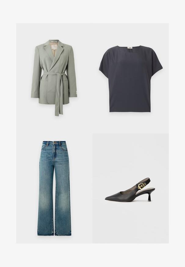 Blazer gris claro con cinturón, cuello con solapa, mangas largas y bolsillos delanteros, exhibido sobre un fondo blanco liso.; Blusa gris oscuro de manga corta con escote redondo y corte holgado, presentada plana sobre un fondo claro.; Jeans de mezclilla de tiro alto y pierna ancha de color azul claro, con cinco bolsillos y dobladillos ligeramente deshilachados, que exhiben un acabado texturizado y desgastado.; Zapato de tacón alto tipo slingback negro con punta afilada, textura de cuero suave y un acento de hebilla en tono dorado en la correa.