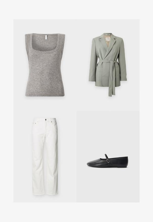 Blazer gris clair ceinturé avec col à revers, manches longues et poches avant, présenté sur un fond blanc uni.; Débardeur gris sans manches en maille côtelée avec un décolleté carré et une silhouette ajustée, présentant une texture lisse et une légère élasticité.; Jean blanc à jambes droites avec poches avant, passants pour ceinture, fermeture par bouton, et coutures visibles sur un fond uni.; Ballerines noires en cuir avec un bout pointu, une semelle plate et une petite sangle avec un détail de boucle en argent.