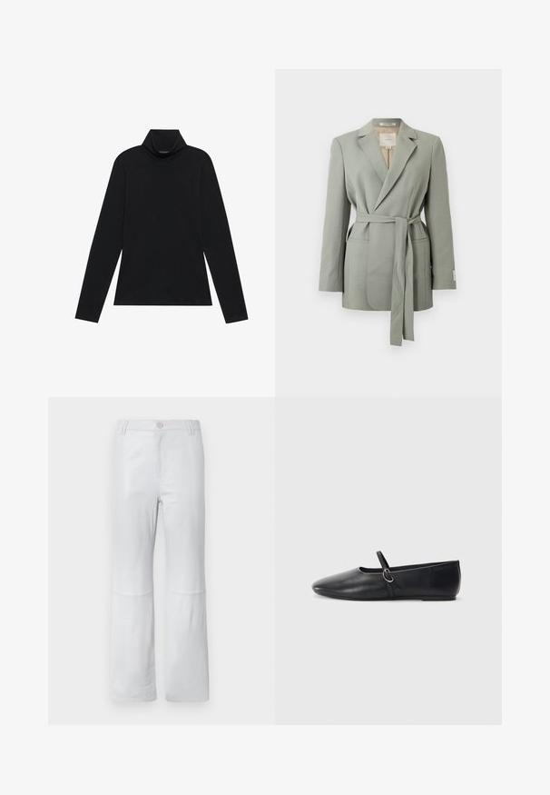 Lichtgrijze blazer met ceintuur, reverskraag, lange mouwen en voorzakken, getoond op een effen witte achtergrond.; Zwarte langetermijn turtleneck. Zachte stof, getailleerd design, hoge kraag en zijnaad. Eenvoudige en veelzijdige stijl die geschikt is voor het laagjes dragen.; Witte, taps toelopende broek van soepel stof; voorzien van een voorzak, gestikte naden en een knoopsluiting. Geen patronen of versieringen.; Zwarte leren balletschoenen met een spitse neus, platte zool en een kleine strap met een zilveren gespsluiting.