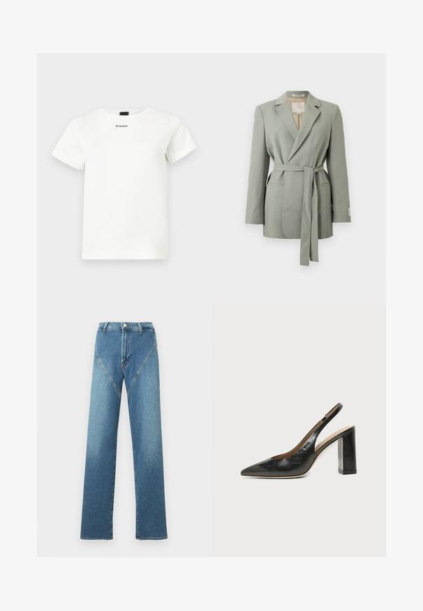 Blazer gris clair ceinturé avec col à revers, manches longues et poches avant, présenté sur un fond blanc uni.; T-shirt blanc à manches courtes avec col rond, design minimaliste, et logo "PINKO" centré sous l'encolure.; Jean droit bleu clair avec taille haute, présentant des coutures courbes contrastées et cinq poches. Fabriqué en tissu denim.; Chaussure slingback en cuir noir à bout pointu avec un talon bloc haut et une doublure intérieure beige sur un fond clair uni.
