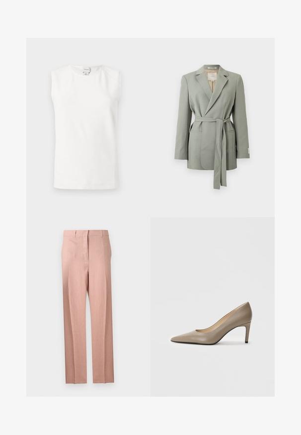 Blazer gris clair ceinturé avec col à revers, manches longues et poches avant, présenté sur un fond blanc uni.; Haut blanc sans manches avec un col rond, étiquette Calvin Klein au niveau de la nuque, présenté sur un fond clair uni.; Pantalon ajusté rose clair avec jambes droites, passants pour ceinture et fermeture éclair à l’avant, présenté sur un fond blanc uni.; Chaussure à talon haut en cuir beige avec un bout pointu et un talon slim de 7 cm. Surface lisse et design minimaliste sans embellissements visibles.