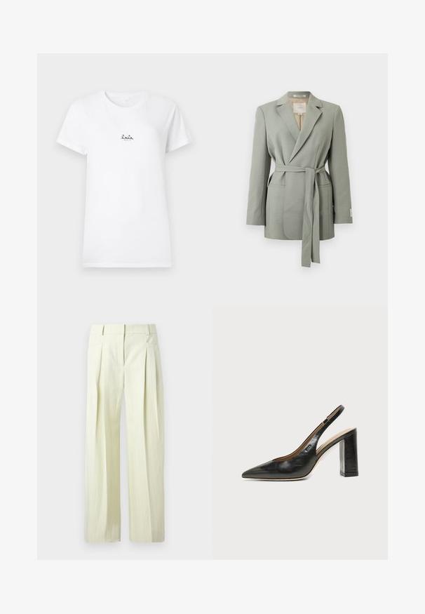 Blazer gris clair ceinturé avec col à revers, manches longues et poches avant, présenté sur un fond blanc uni.; T-shirt en coton blanc à manches courtes et col rond. Présente un petit logo noir "lala berlin" sur la poitrine. Texture lisse.; Pantalon ample couleur crème avec fines rayures verticales, plis à l'avant, poches latérales, et passants pour ceinture.; Chaussure slingback en cuir noir à bout pointu avec un talon bloc haut et une doublure intérieure beige sur un fond clair uni.