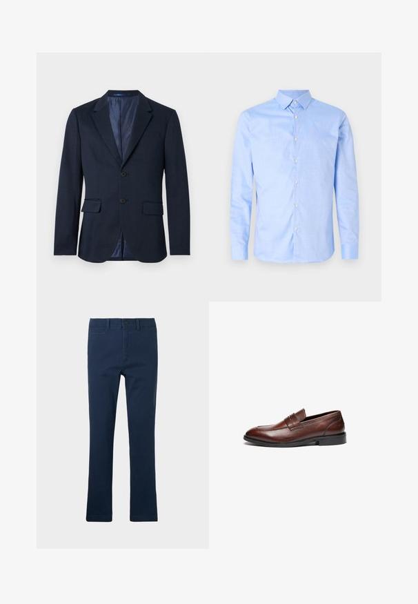 Blazer para hombre azul marino con cierre de dos botones, solapas con muesca, bolsillos con solapa y forro interior estampado sobre un fondo blanco.; Camisa de botones de color azul claro con mangas largas, cuello puntiagudo y botones blancos. Presenta un cuello interior con patrón. Textura de tela suave.; Pantalones de algodón azul marino con un diseño de pierna recta, que cuentan con bolsillos frontales, cierre de cremallera y un botón en la parte superior.; Mocasines de cuero marrón con un acabado suave, puntera redondeada, tira decorativa y suela de goma negra. Presentan un detalle de costura mínima.