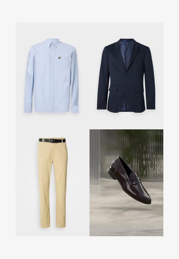 Marineblauwe herenblazer met een voorzijde met twee knopen, verzonken revers, klepzakken en een patroon aan de binnenvoering, afgebeeld op een witte achtergrond.; Lichtblauwe langetermijnoverhemd met button-down kraag, borstzak en geborduurd logo. Gemaakt van textuurkatoenen stof.; Beige katoenenbroek met een recht gesneden ontwerp, vastgezet met een zwarte leren riem met een zilveren gesp.; Bruine leren loafers met een glanzende afwerking, voorzien van een verhoogde naad en een klein uitgesneden detail aan de voorkant, en een lage zwarte zool.