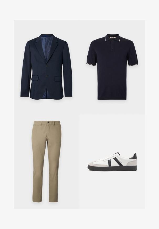 Blazer pour homme bleu marine à deux boutons sur le devant, revers crantés, poches à rabat et doublure intérieure à motif sur fond blanc.; Polo bleu marine en coton avec un col classique, une patte de boutonnage à trois boutons, et un bord contrastant blanc sur les manches.; Chinos kaki en mélange de coton, avec une coupe droite, une taille standard avec fermeture à bouton et des poches latérales.; Baskets blanches avec des accents noirs et gris, présentant un embout texturé gris, une semelle en caoutchouc noir et des lacets plats blancs. Design épuré, style minimaliste.