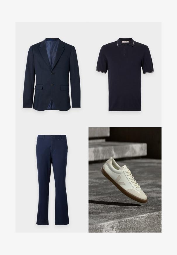 Marineblauwe herenblazer met een voorzijde met twee knopen, verzonken revers, klepzakken en een patroon aan de binnenvoering, afgebeeld op een witte achtergrond.; Marineblauw poloshirt gemaakt van katoen met een klassieke kraag, een drieknoopsluiting en een contrasterende witte bies op de mouwen.; Navyblauwe broek van lichtgewicht stof, met een recht model, voorzakken en een knoopsluiting in de taille.; Witte leren sneakers met een bruine rubberen zool, platte veters en een V-vormig accent aan de zijkant. Ze hebben een glad oppervlak en minimale stikdetails.