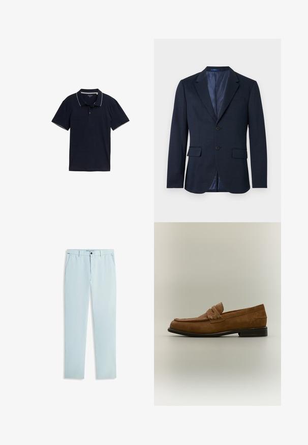 Marineblå herreblazer med to-knaps front, hakkede revers, lommer med klap og mønstret for på hvid baggrund.; Mørkeblå polo shirt lavet af bomuld, med en klassisk krave, tre-knap lukning og kontrasterende lys grå trim på kraven og ærmerne.; Lyseblå bukser med lige ben, bæltestropper, sidelommer og knaplukning i taljen på en hvid baggrund.; Brun ruskind loafer med en lav sort hæl og et syet remdetalje på overdelen, vist fra siden mod en neutral baggrund.